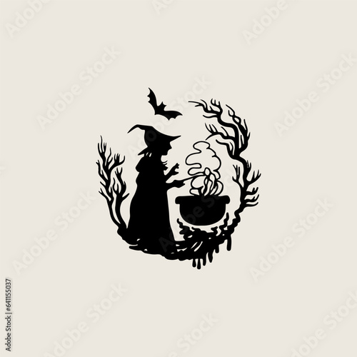 Young witch brews potion. Halloween witch illustration. Hand drawn sketch.