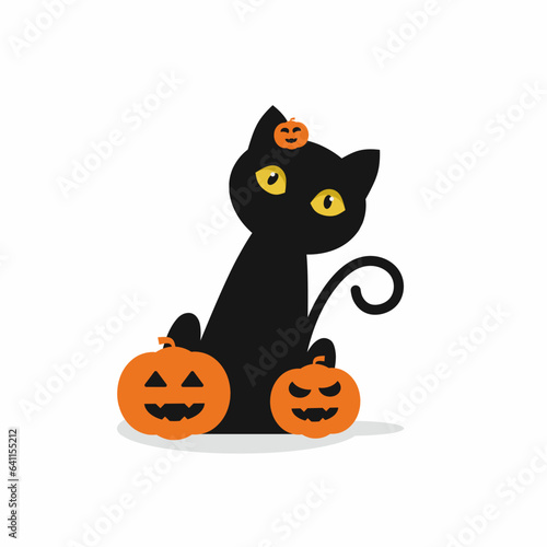 halloween cat illustration with some pumpkins isolated on white background