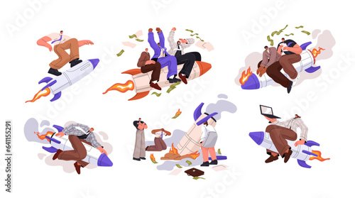 Flight of rocket, startup concept set. People get success or fail in business, bad management. Team launch project, businessman teamwork on problems. Flat isolated vector illustration on white