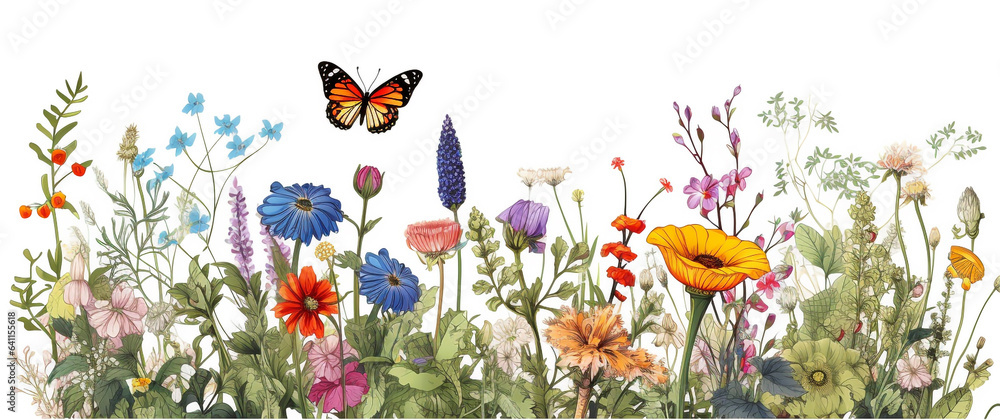 beautiful colorful illustration with various wild flowers and butterflies, legal AI