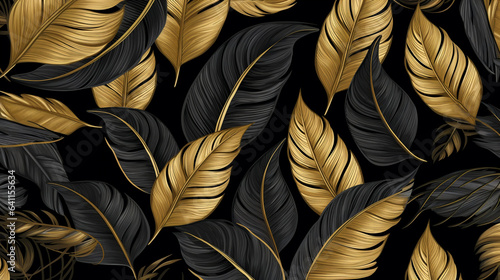 luxurious wallpaper with gold and dark fancy shaped leaves, legal AI