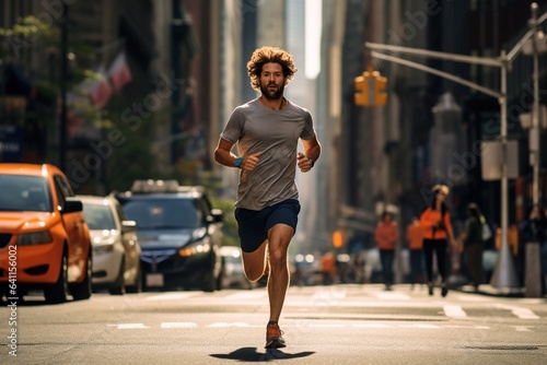 Caucasian man in athletic wear is running through the streets of New York