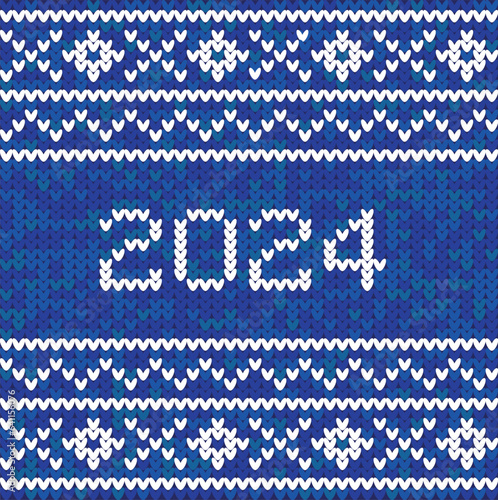 Wallpaper Mural Knitted pattern with 2024. Scandinavian ornament on a blue background Torontodigital.ca