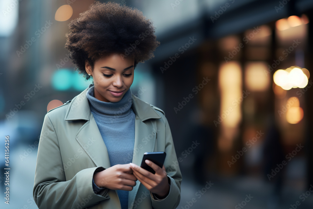 handsome black female looking at mobile phone, in city, professional photo, copy space