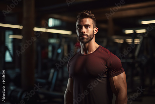 strong handsome male, exercising at gym, professional photo, copy space