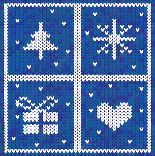 Knitted winter elements on a winter background. Sweater knitting pattern.