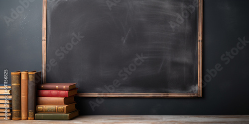 books stand on the background of the blackboard. Generative AI