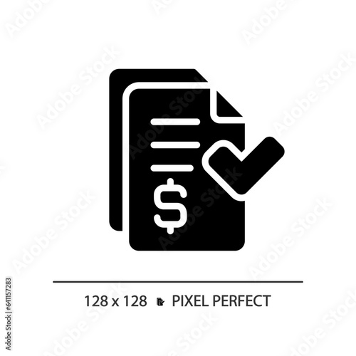 2D pixel perfect glyph style invoice icon, isolated vector, silhouette document illustration