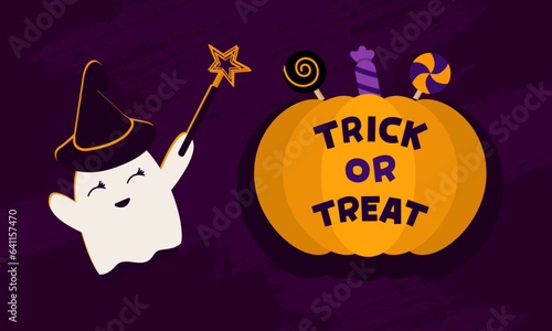 A ghost with a witch's hat and a magic wand conjures a pumpkin. Helloween party.Trick or Treat.  Invitation with character. Vector.