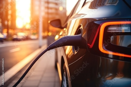 Close up details of electric car charging in urban city life. EV charging on street electric power supply station with power cable. Eco power, EV, concept. green energy, © aboutmomentsimages