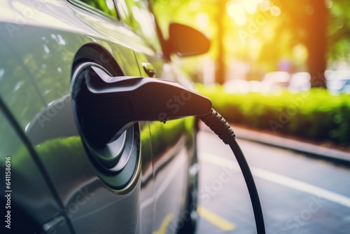 Close up details of electric car charging in urban city life. EV charging on street electric power supply station with power cable. Eco power, EV, concept. green energy, © aboutmomentsimages