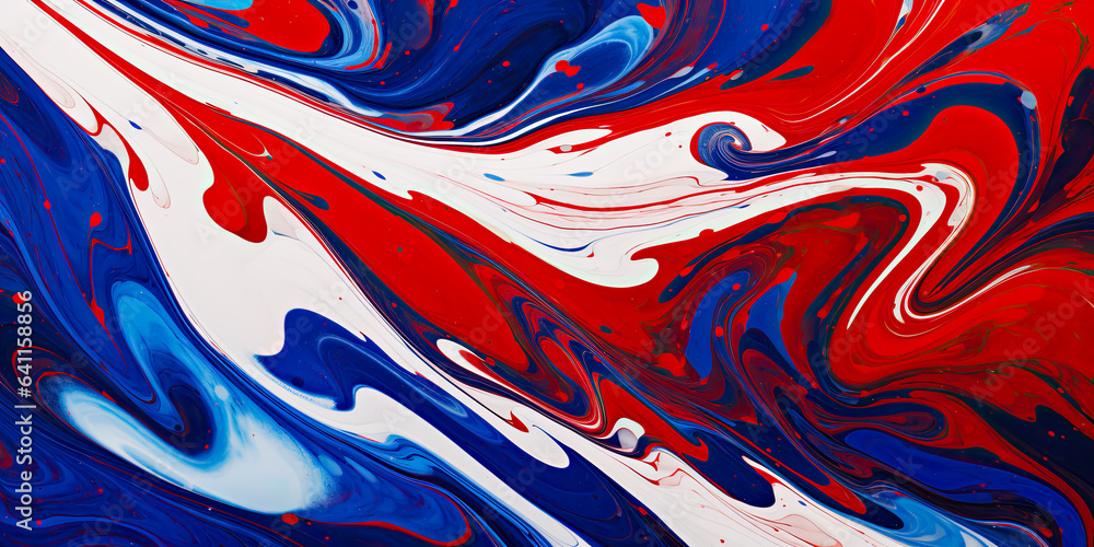Dynamic marbled oil and acrylic abstract art. Red, Blue and white blend fluidly, forming a captivating marbled paper texture. Ideal for wallpapers, banners, and illustrations.