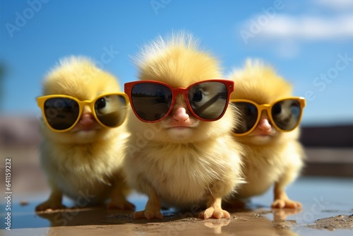 Tiny sunglasses clad chick, soft and new, embodies charming farm life