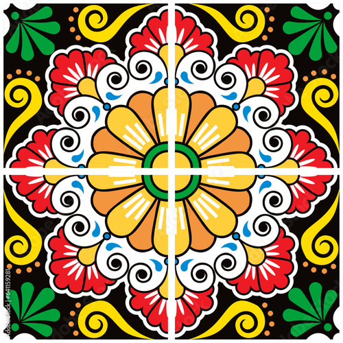 Mexican talavera vector tile design set - colorful seamless patterns with flowers and swirls on black background 