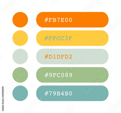 Orange, yellow, green and blue color palette, vibrant colors catalog, color matching, RGB, CMYK colors, harmonious colors palette sample, design and edit idea, with hex code