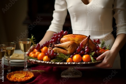 hands of woman in elegant white shirt and red skirt carrying a thanksgiving turkey on a tray towards the table at thanksgiving dinner