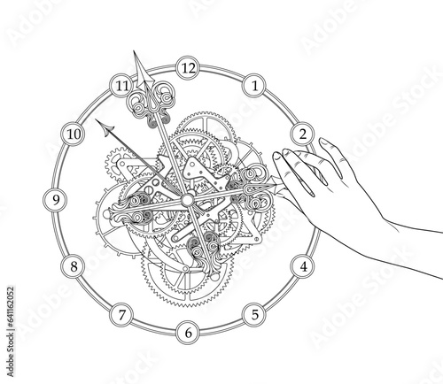 Clockwork. The hand that turns the hands of the clock. Contour drawing for T-shirts, coloring books and your design. Vector illustration