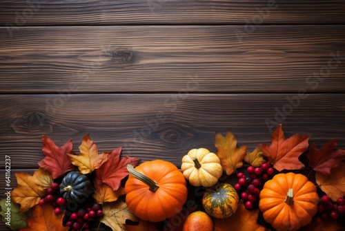 autumn leaves and berries on wooden table