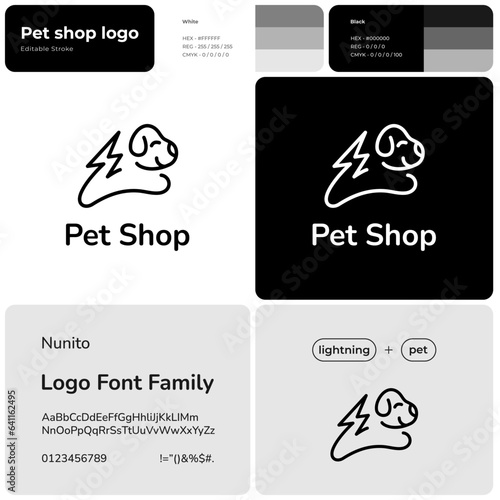 Pet supplies monochrome line business logo. Brand name. Puppy training. Dog silhouette with lightning symbol. Design element. Visual identity. Nunito font used. Suitable for dog class  vet clinic