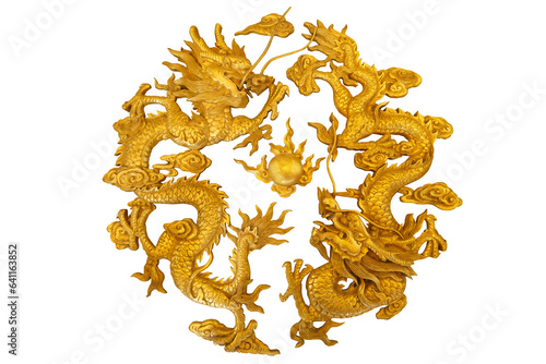 golden dragon on a white background carved from wood painted gold Suitable for artwork related to Asia and China.