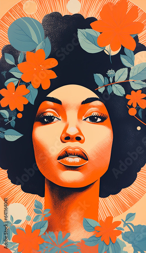 Risograph wall art with global diversity in retro style, imaginative layering, Female face with bold shapes and colors. For wall art, fine print or digital creations. photo