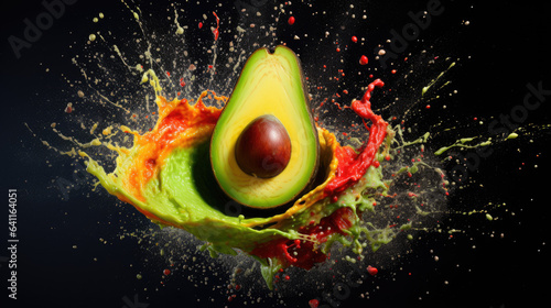 Fresh avocado with colorful powder paint explosion, cut