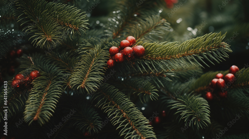 Generative AI, Chhristmas and new year balls in the fir tree branches, holidays concept, festive winter season background