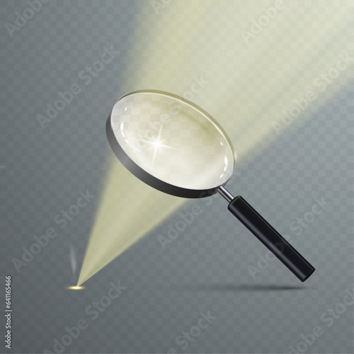 A realistic magnifying glass burns the surface with the rays of the sun.