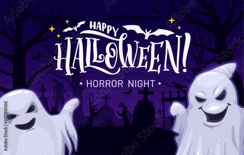 Cartoon Halloween ghosts on midnight cemetery landscape, horror night holiday vector poster. Happy Halloween and trick or treat party celebration with spooky ghosts, dead skeletons and zombie in grave