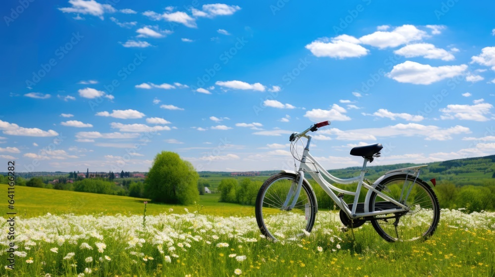Beautiful spring summer natural landscape with a bicycle on a flowering meadow blue sky with clouds on a bright sunny day