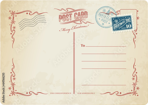 Christmas antique postcard, retro postage stamp on vintage mail, vector background. Merry Christmas winter holiday vintage postcard, greeting airmail letter with mail postage on grunge old paper