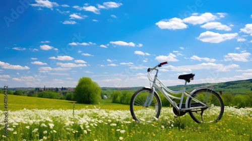 Beautiful spring summer natural landscape with a bicycle on a flowering meadow blue sky with clouds on a bright sunny day