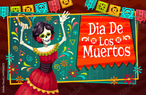 Catrin calavera on dia de los muertos day of the dead mexican holiday banner. Vector greeting card for latin Halloween celebration with female skeleton wear red dress dancing flamenco with tambourine