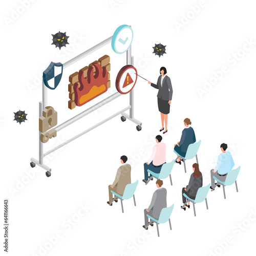 アイソメトリック_パソコンのセキュリティの講習を受ける人々