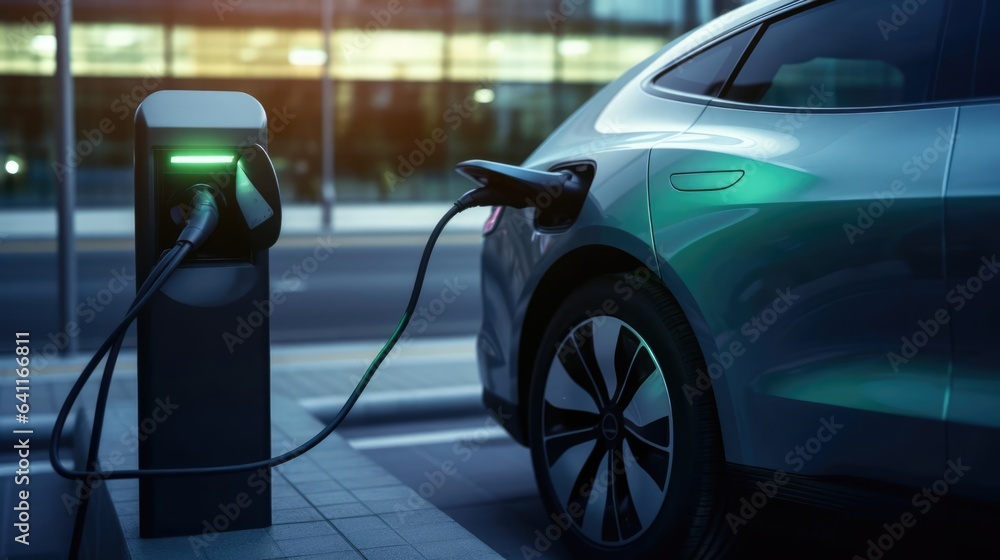 Modern fast electric vehicle chargers station in city for charging car Modern fast electric vehicle chargers station in city for charging car