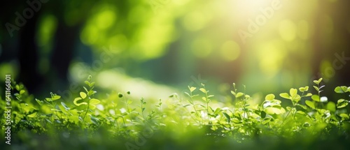 Defocused green trees in forest or park with wild grass and sun beams. Beautiful summer spring natural background