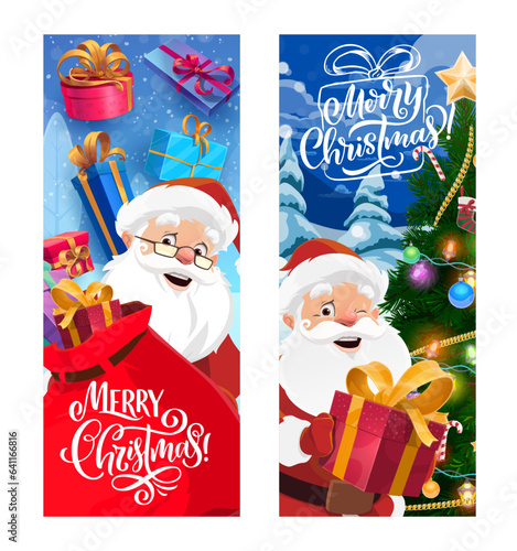 Christmas banners with Santa, gifts and pine holiday tree. Christmas holiday, Merry Xmas greeting or New Year celebration vector vertical banner with cheerful Santa personage, gifts and decorated tree