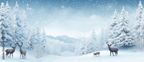 reindeers in Winter panoramic background with snow-covered fir branches and snowfall flakes. Christmas banner