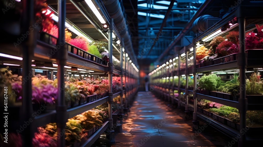 Harvest theme in vertical farming, plants grow on special shelves in optimal conditions.