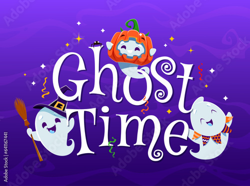 Halloween cartoon kawaii ghosts and funny boo poltergeist for horror night holiday, vector poster. Halloween happy ghosts with pumpkin on head and in witch hat with broom, cheerful smiling characters