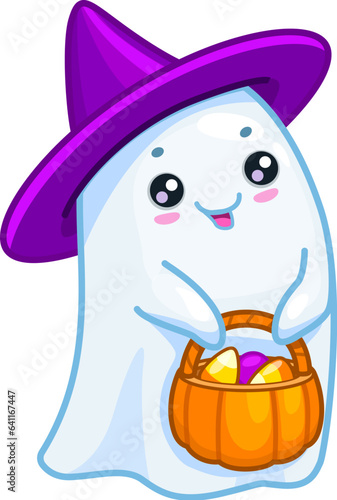 Halloween kawaii ghost character with pumpkin bag in witch hat, horror holiday funny vector boo poltergeist. Halloween trick or treat party cheerful cute ghost with candy sweets in pumpkin bag