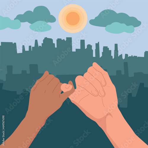 The concept of love and teamwork. Two hands hold each other. Symbol of happy partnership, success, childhood, friendship. Flat design. Vector.