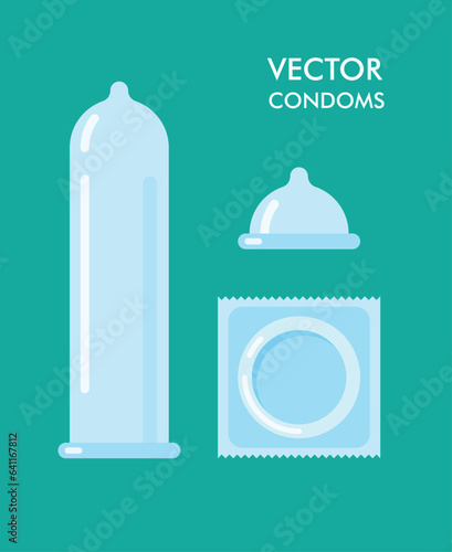 Vector sealed and unsealed condom icons. Contraception concept. Condoms packaging template isolated.