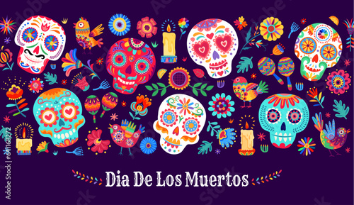 Dia De Los Muertos mexican holiday. Day of the Dead banner with vector pattern of Mexico Halloween sugar skulls, candles and flowers, maracas and alebrije birds, bright color marigolds and leaves