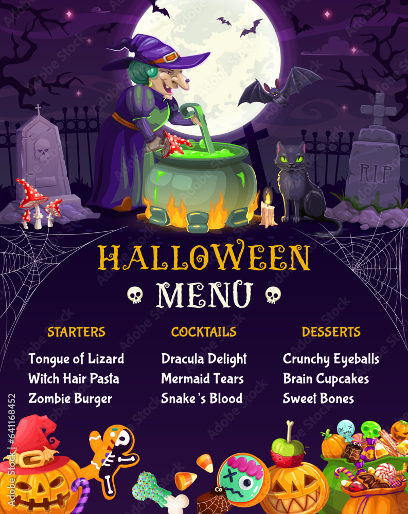 Halloween menu for holiday party with witch and potion cauldron on cemetery, vector poster