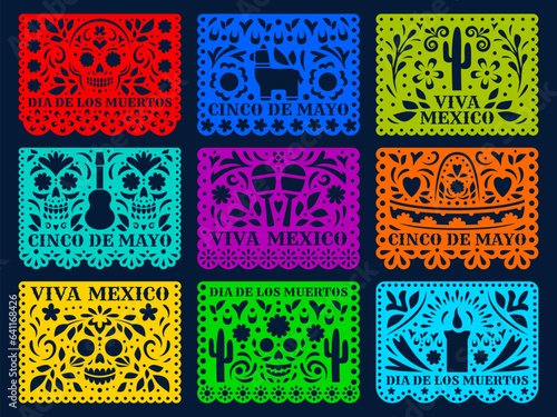 Mexican paper cut holiday flags. Cinco de mayo, dia de los muertos, viva Mexico papel picado isolated vector laser cutting templates. Traditional decor with floral pattern, skulls, cacti, pinata