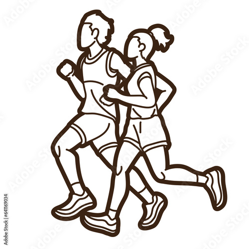 Group of People Running Together Man and Woman Runner Marathon Cartoon Sport Graphic Vector © sila5775