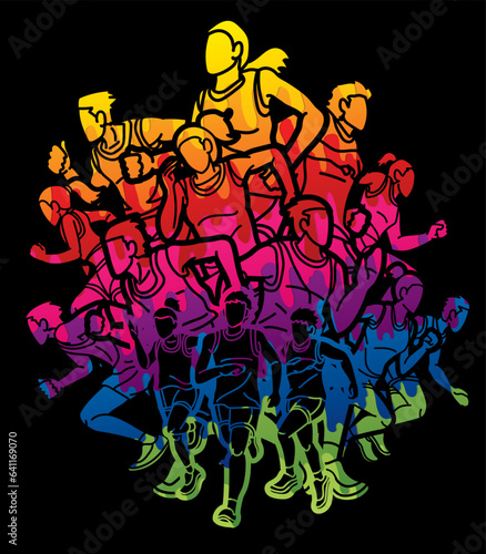 Group of People Running Together Man and Woman Runner Marathon Cartoon Sport Graphic Vector