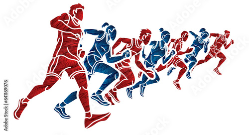 Group of People Running Together Man and Woman Runner Marathon Cartoon Sport Graphic Vector