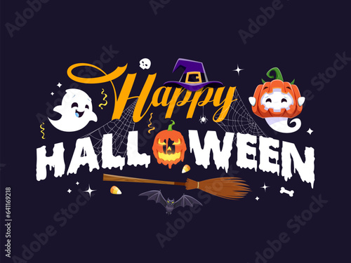 Halloween holiday banner with kawaii ghosts  scary pumpkin and funny spooky boo  vector background. Halloween horror night banner with witch broom  hat and skull with bat in spiderweb or cobweb